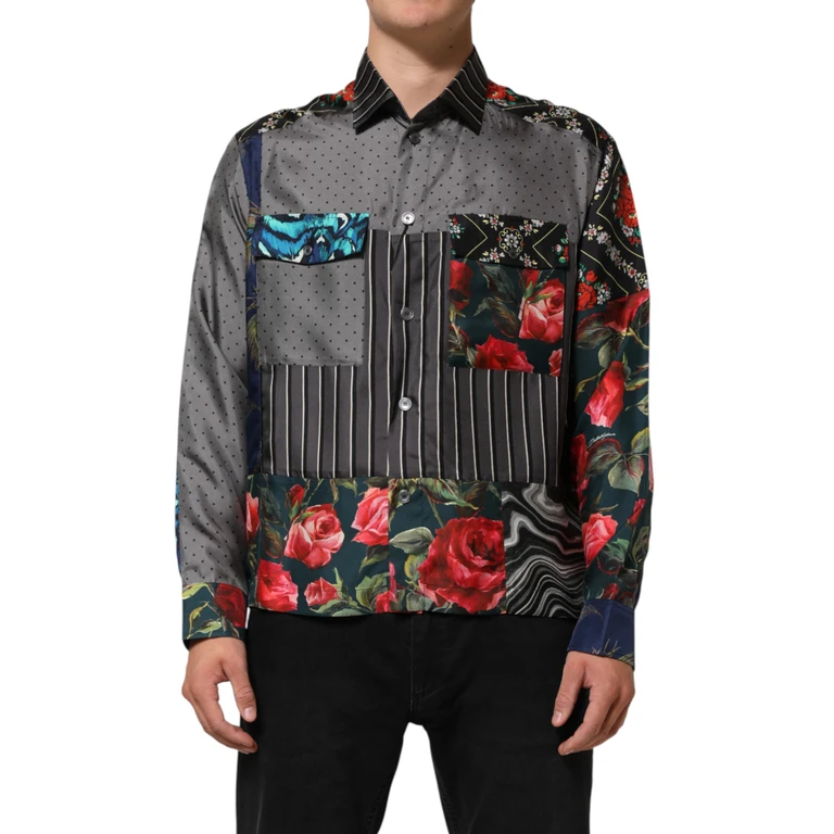 Multicolor Patchwork Long Sleeves Silk Shirt - Men