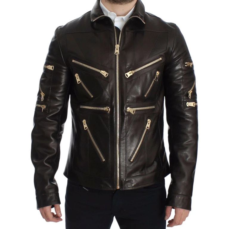 Brown Lambskin Leather Zipper Jacket Clothing - Men