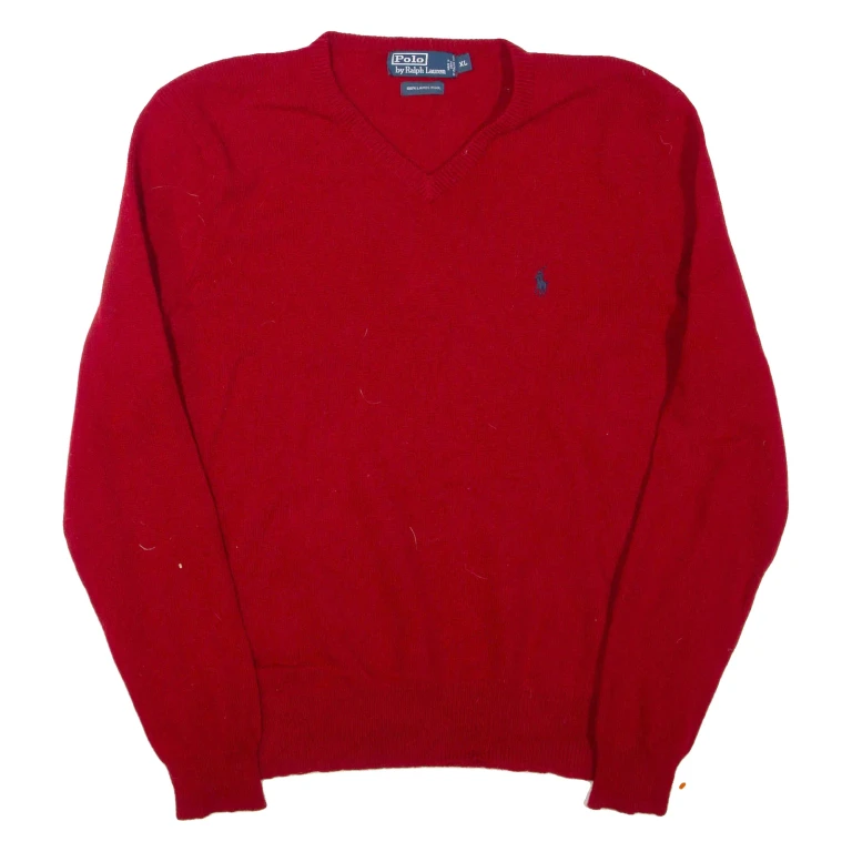 POLO RALPH LAUREN Mens Jumper Red V-Neck Tight Knit Wool XL