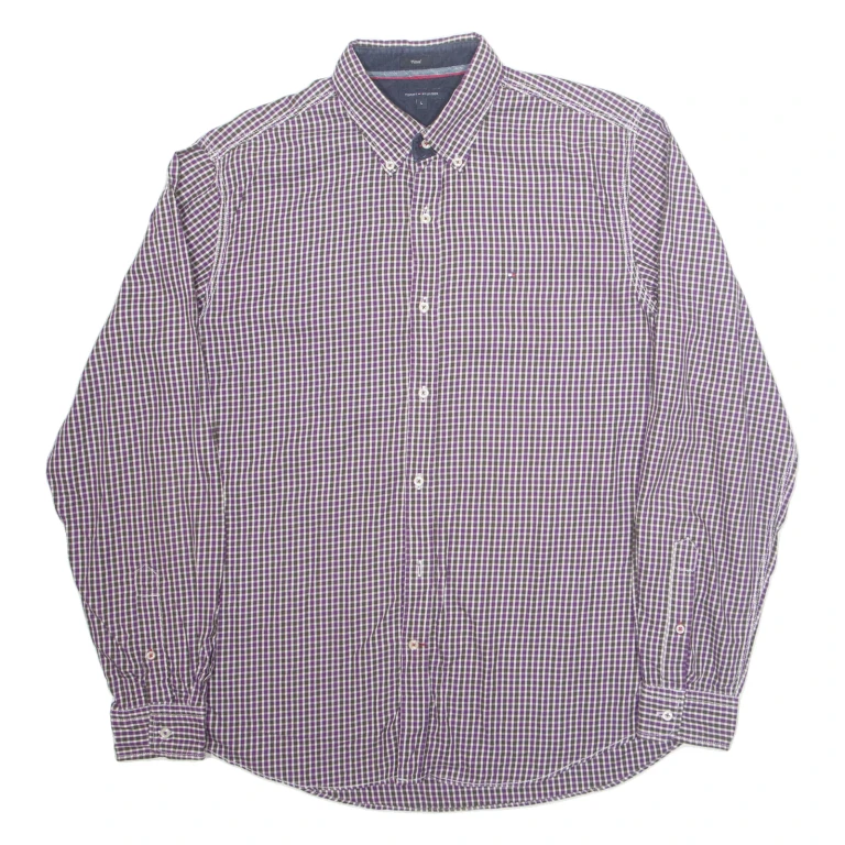 TOMMY HILFIGER Fitted Mens Shirt Purple Check Long Sleeve L