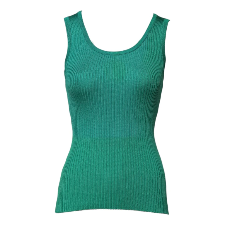 Green Silk Sleeveless Round Neck Tank Top - Women