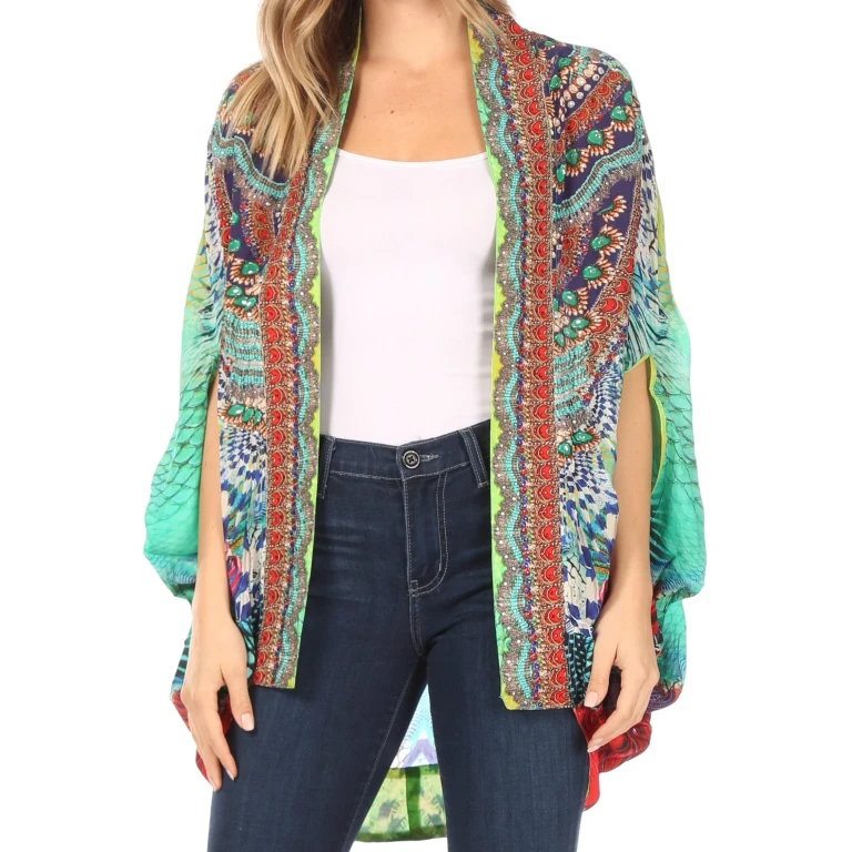 Sakkas Jenna Women's Casual Boho Sheer Kimono Loose Cardigan Cape Trendy Printed