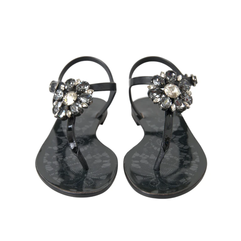 Dolce & Gabbana Black Crystal Flats Sandals Flip Flops Shoes Rubber Leather - Women