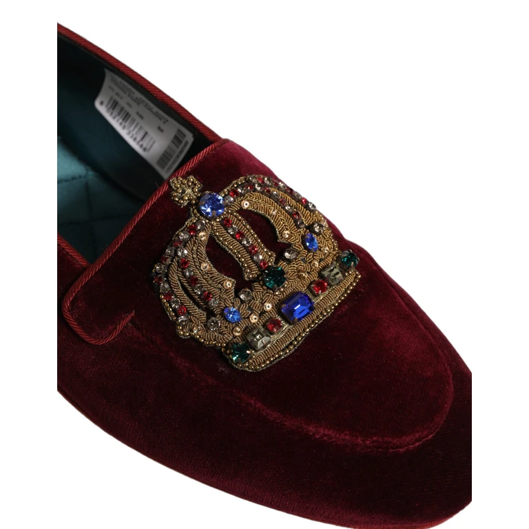 Dolce & Gabbana Burgundy Velvet Crown Slip On Loafers Shoes Leather - Men
