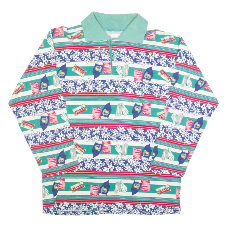 Womens Polo Shirt Green 90s Striped Long Sleeve L