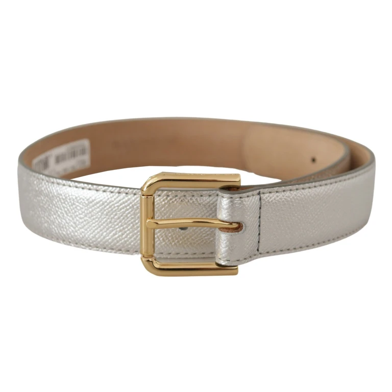 Dolce & Gabbana Silver Leather Gold Tone Logo Metal Waist Buckle Belt - Women