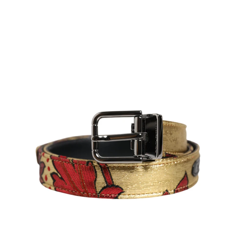 Dolce & Gabbana Gold Floral Jacquard Silver Metal Buckle Belt - Men