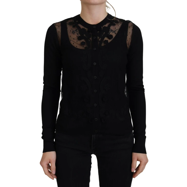 Dolce & Gabbana Black Floral Lace Button Cardigan Sweater Silk Nylon Clothing - Women