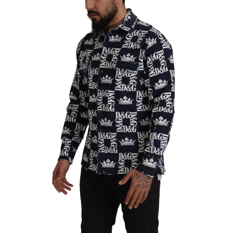 Dolce & Gabbana Blue Denim Stretch Dg Crown Logo Casual Shirt Cotton - Men