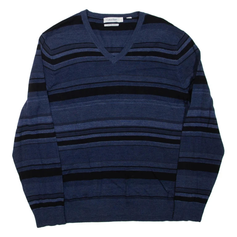CALVIN KLEIN Mens Patterned Jumper Blue Striped V-Neck Tight Knit Wool L