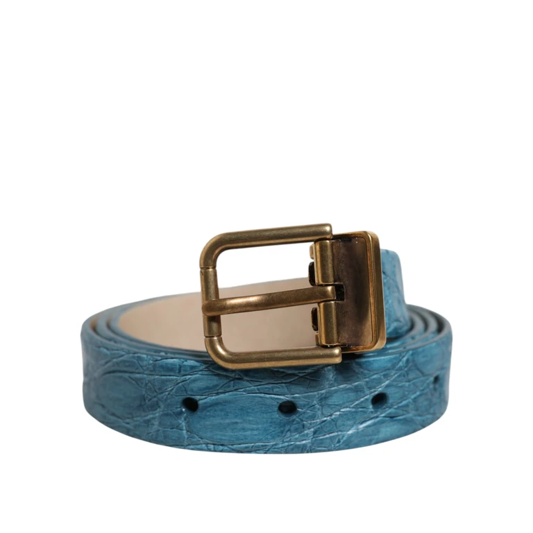 Dolce & Gabbana Blue Leather Classic Gold Metal Buckle Belt Caimano - Men
