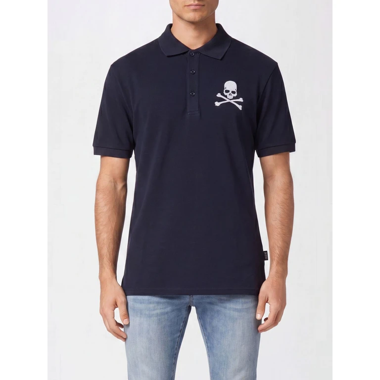 Skull Print Short-Sleeved Cotton Polo Shirt with French Collar (UADCMTK7983PTE003N14)