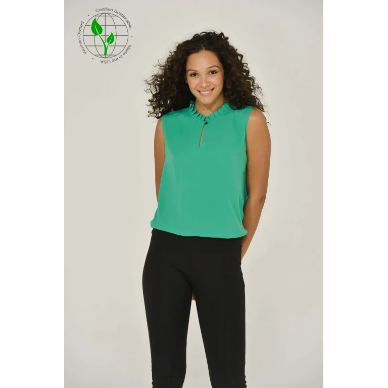 Emerald Green Sleeveless Keyhole Blouse w/ Ruffle Neck
