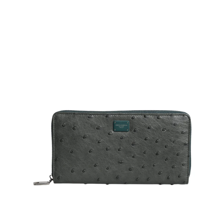 Dolce & Gabbana Green Ostrich Logo Plaque Zip Around Continental Wallet - Men