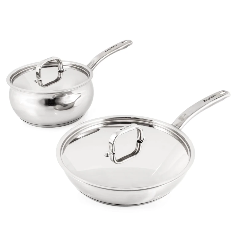 Belly Shape 4pc 18/10 Stainless Steel Skillet & Saucepan Cookware Set with SS Lids