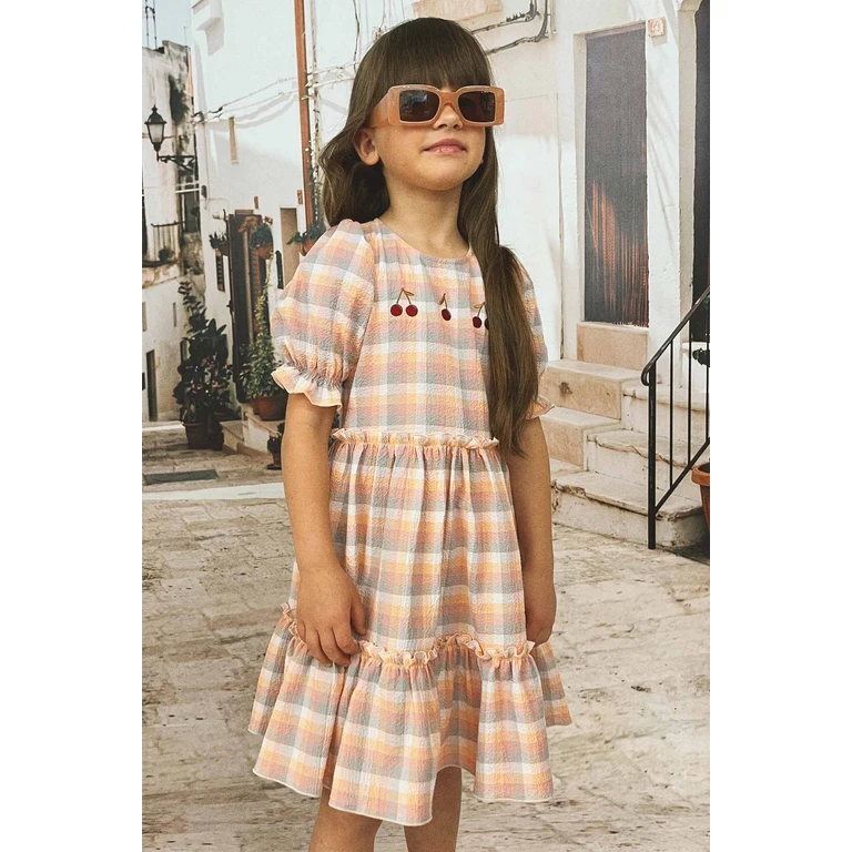 Girl Dress with Puff Sleeves -Cherry - 2-4 years