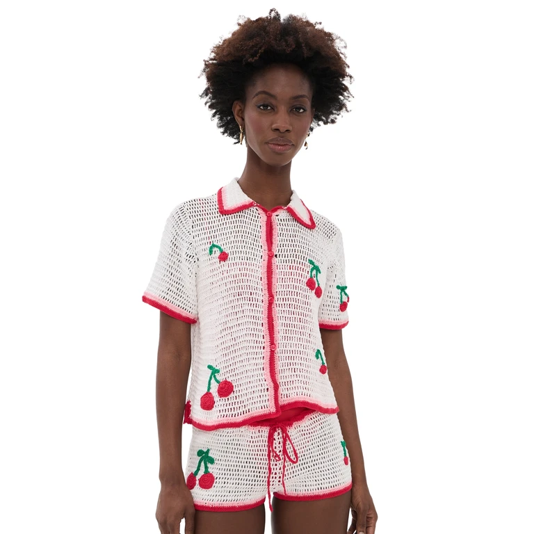 Leslie Amon Ruby Crochet Shirt White and Red S