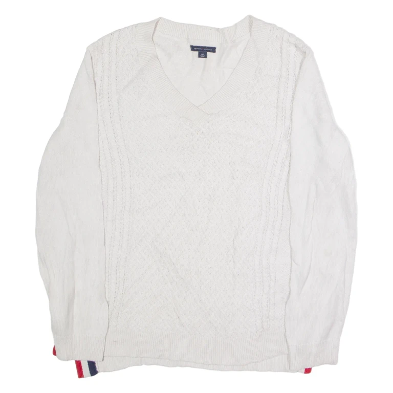 TOMMY HILFIGER Womens Jumper White Crew Neck Cable Knit L