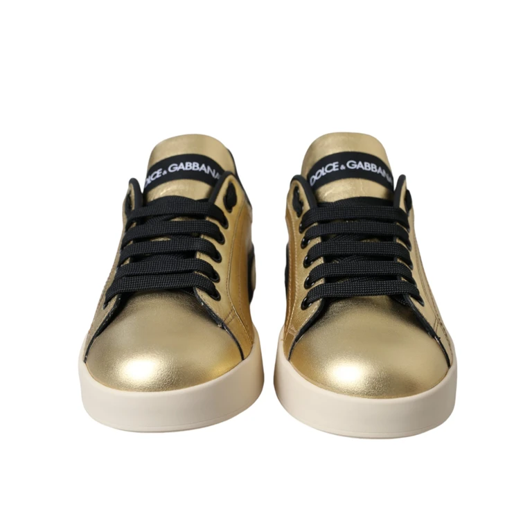 Dolce & Gabbana Gold Portofino Calf Leather Sneakers Women Shoes Black - Women