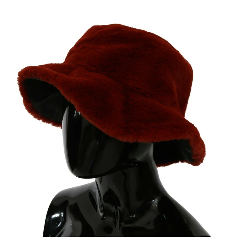 Red Bordeaux Fur Wide Brim Bucket Hat Polyester - Women