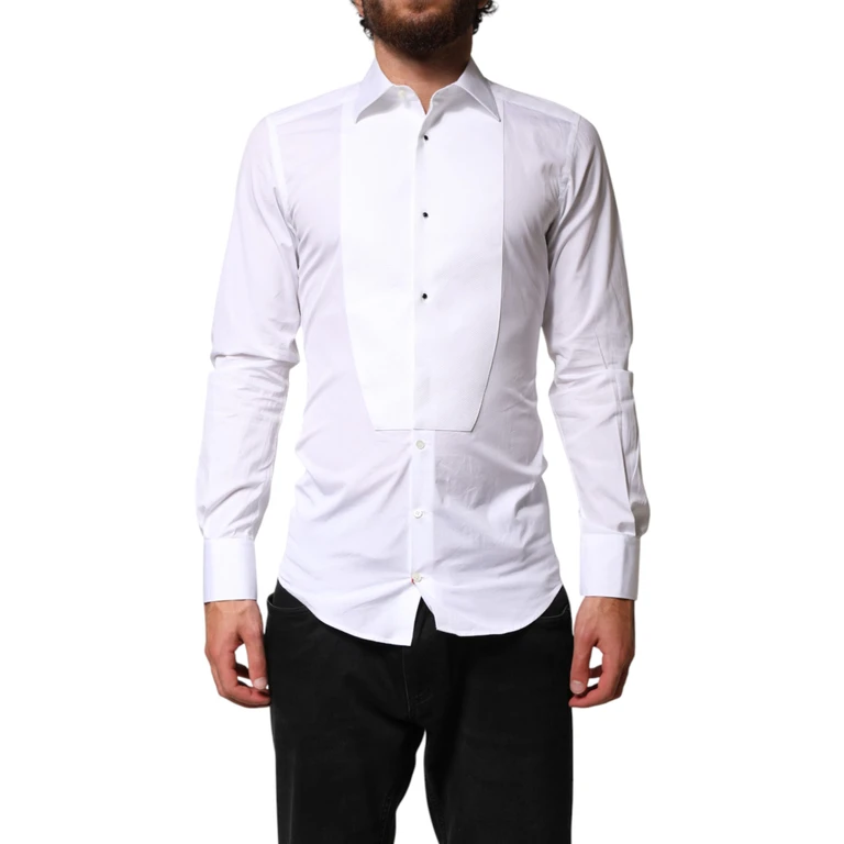 Dolce & Gabbana White Cotton Gold Collared Dress Bib Formal Shirt - Men