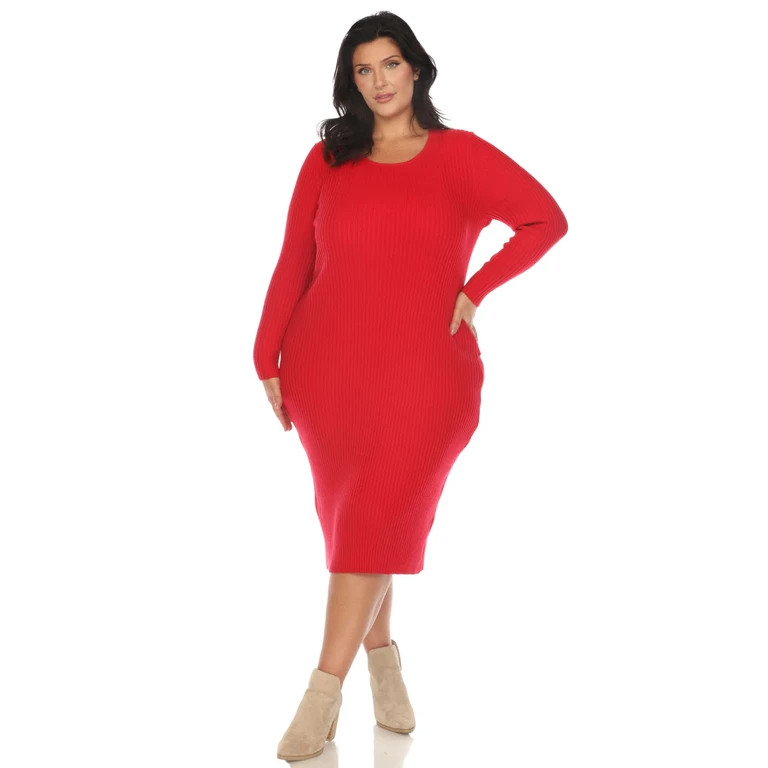 Women's Plus Size Long Sleeve Rib Midi Sweater Dress