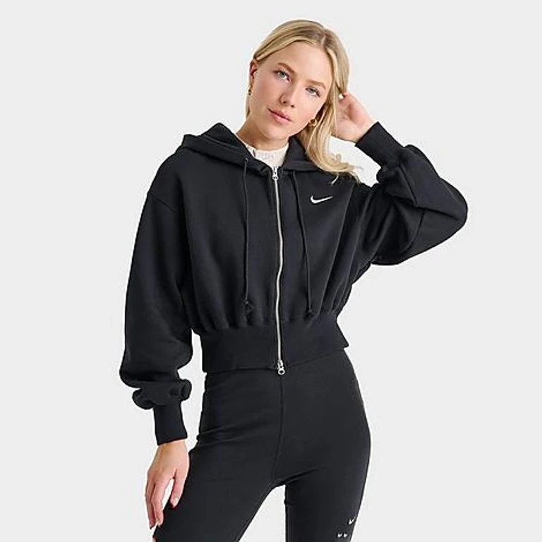 Nike Women's Sportswear Phoenix Fleece Crop Full-Zip Hoodie in Black/Sail Size: XS