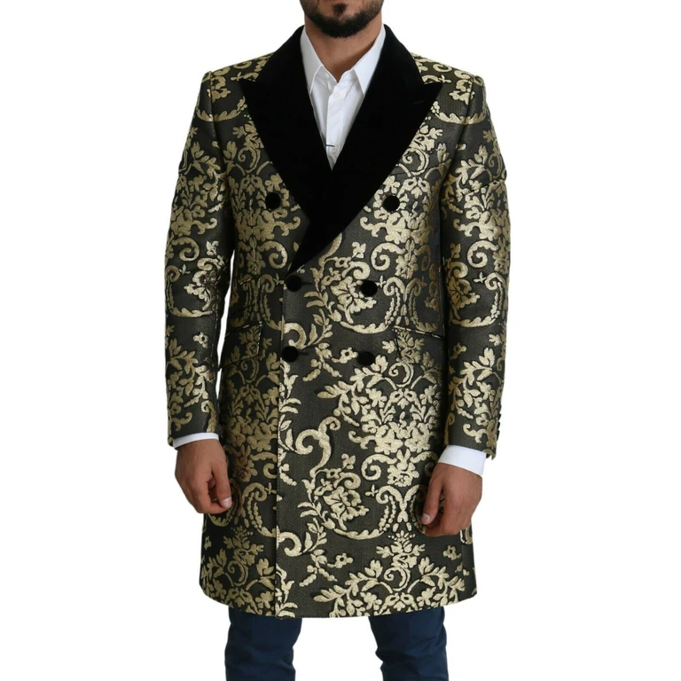 Dolce & Gabbana Black Gold Jacquard Long Coat Sicilia Jacket Cotton Polyester Clothing - Men