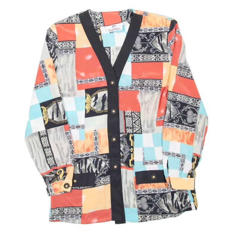 Womens Printed Blouse Red V-Neck Long Sleeve Crazy Pattern L