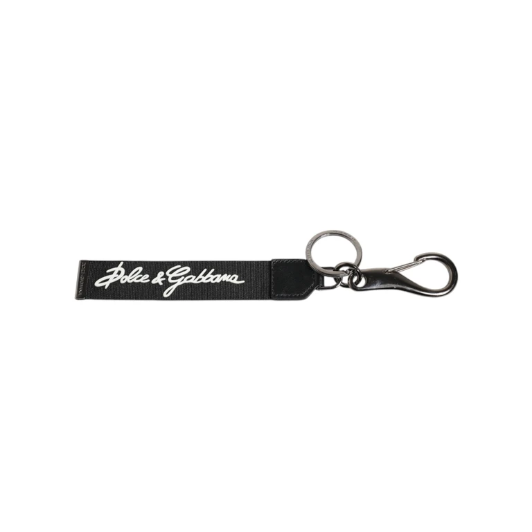 Dolce & Gabbana Black White Dg Logo Silver Men Keychain Polyester Keyring And Real Brass Calfskin Accessory - Men