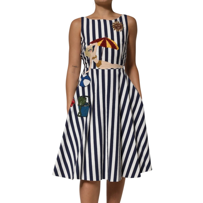 Dolce & Gabbana Blue White Striped Embroidered A-Line Dress And Cotton - Women