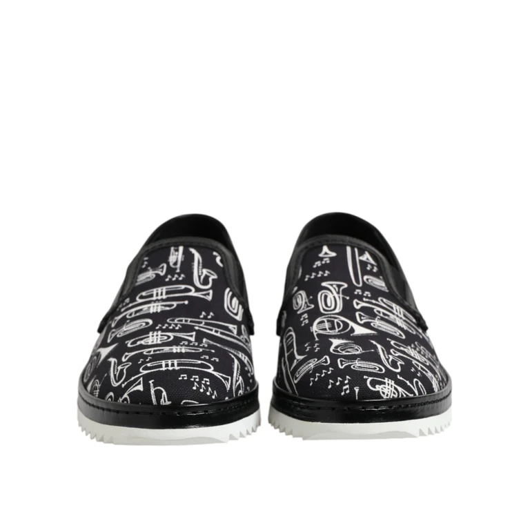 Dolce & Gabbana Black Slip On Printed Men Loafers Shoes Cotton Leather - Men