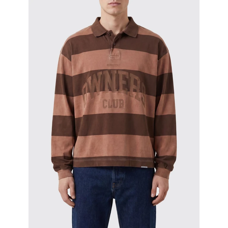 Striped Long-Sleeved Cotton Polo Shirt with Contrast Logo (OCM100089SIENNA)