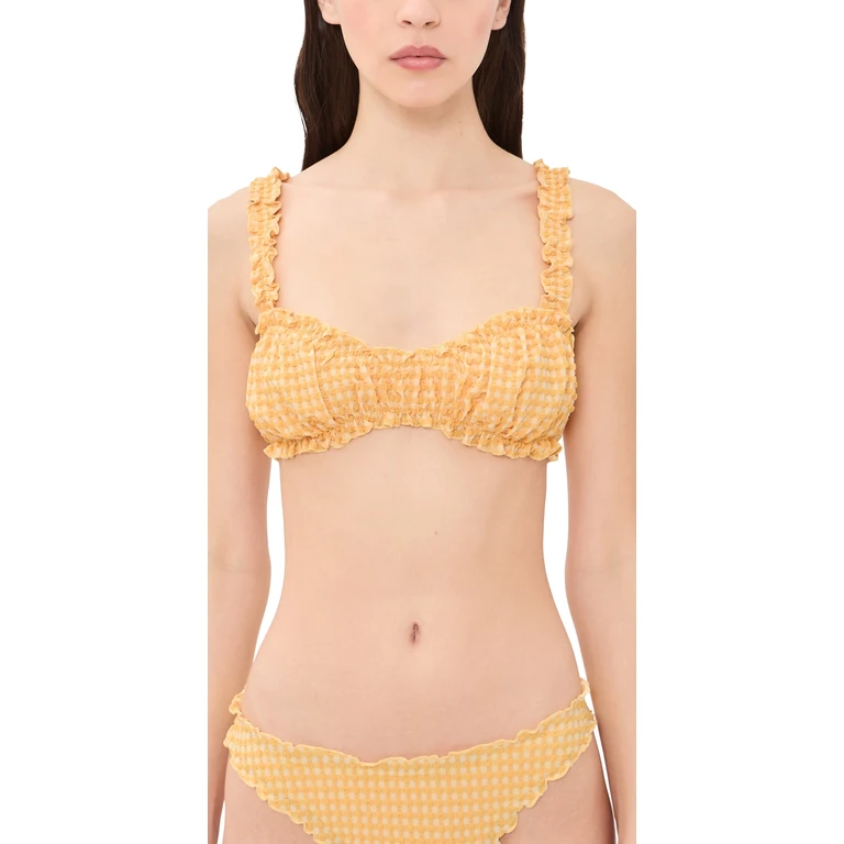 SIMKHAI Evander Seersucker Ruched Bikini Top Mango Multi S