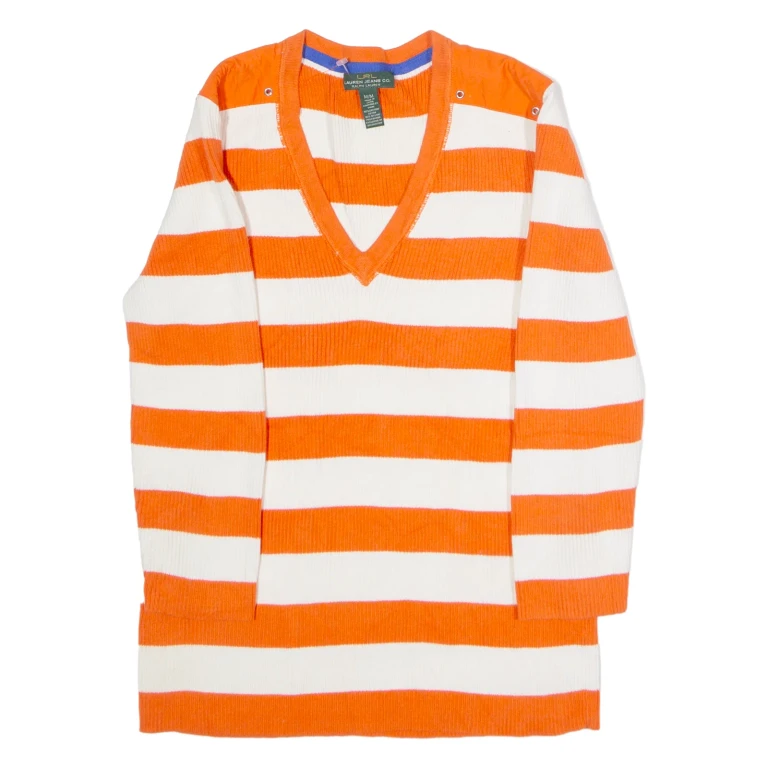 LAUREN RALPH LAUREN Womens Patterned Jumper Orange Striped V-Neck Tight Knit M