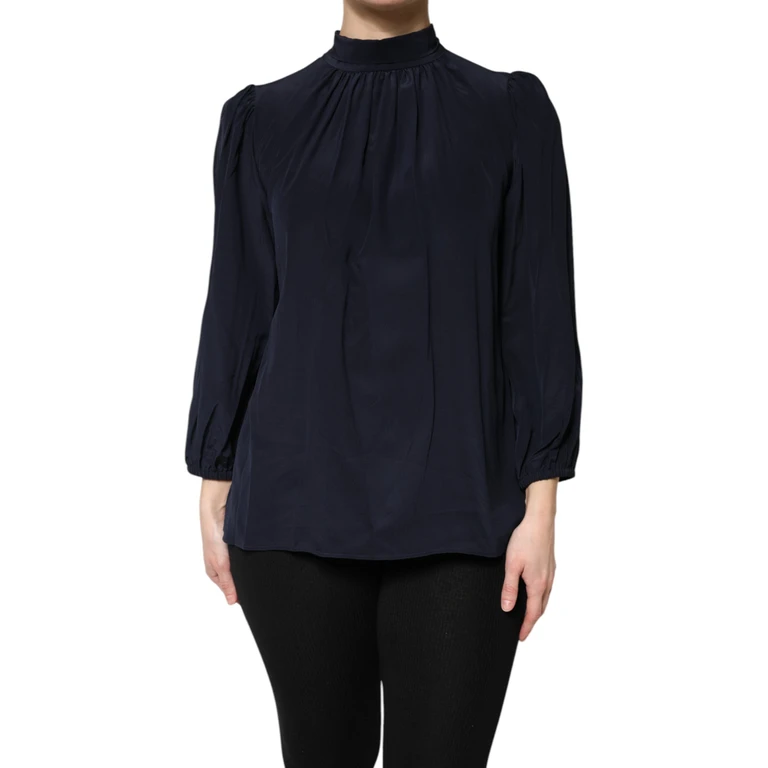 Dolce & Gabbana Blue Silk Mock Neck Long Sleeves Blouse Top - Women