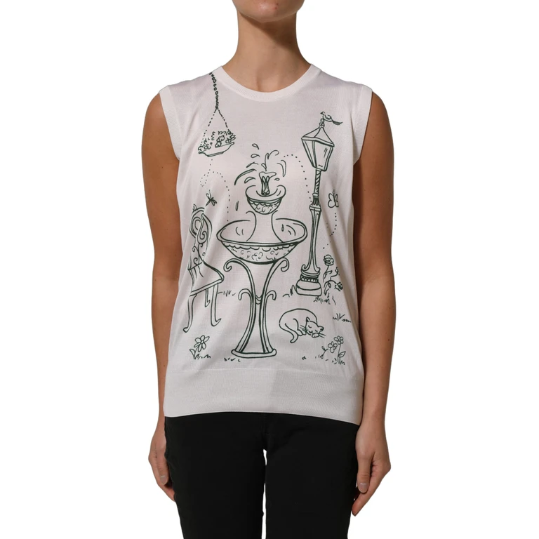 Dolce & Gabbana White Silk Knit Garden Fountain Print Tank Top - Women
