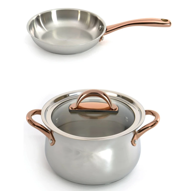 Ouro Gold 3pc 18/10 Stainless Steel Cookware Set, Glass Lids, Rose Gold Handles