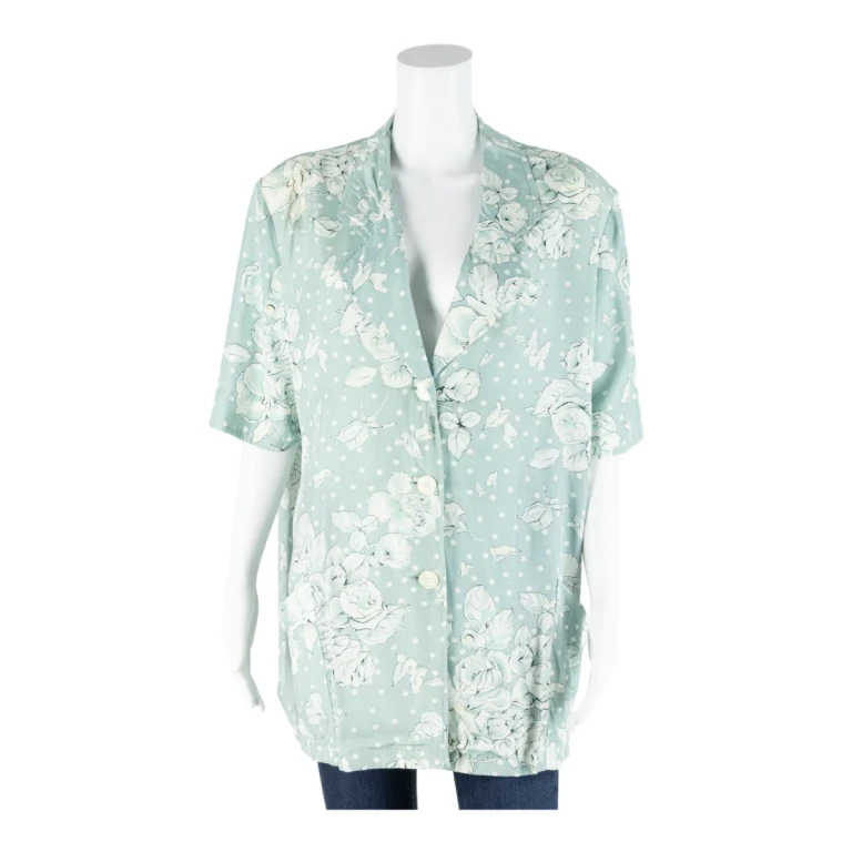 Womens Printed Blouse Blue Button Neck 90s Floral L