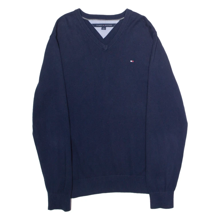 TOMMY HILFIGER Womens Jumper Blue V-Neck Tight Knit M