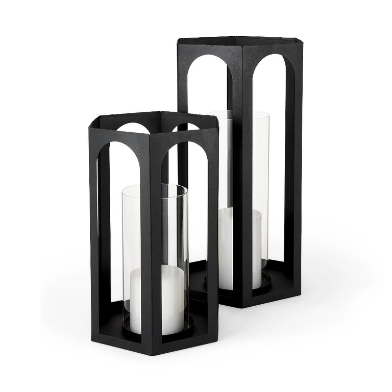 Balley Set of Two Matte Black Metal Candle Holder Lanterns