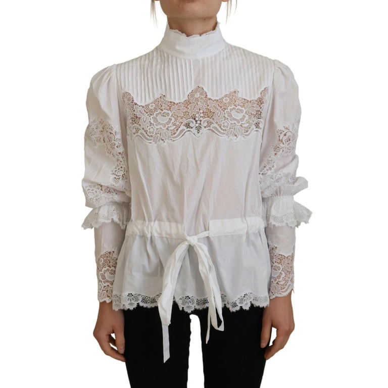 Dolce & Gabbana White Cotton Lace Trim Turtle Neck Blouse Top - Women