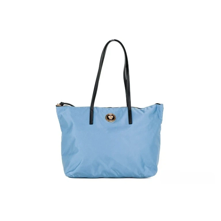 Versace Portuna Medusa Medium Cornflower Blue Nylon Leather Tote Bag Purse Gold - Women