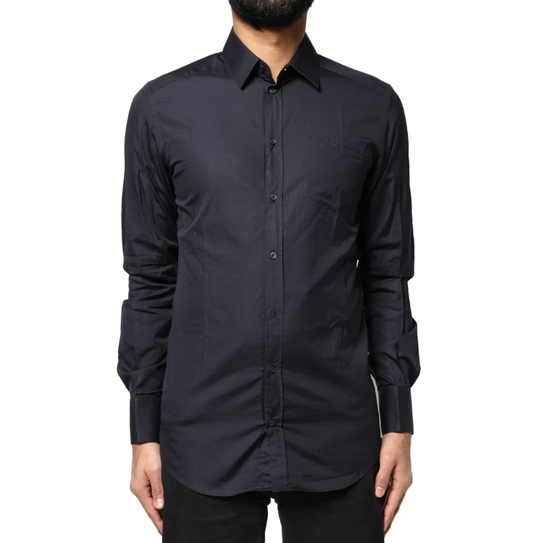 Dark Blue Gold Cotton Long Sleeves Dress Shirt - Men