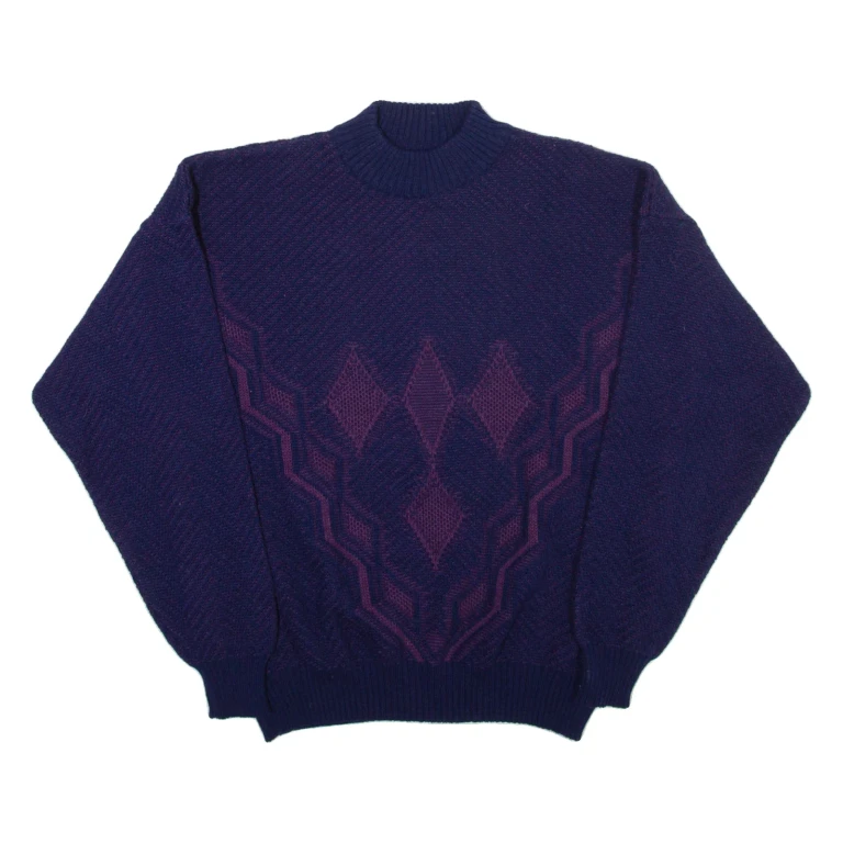 Mens Patterned Jumper Blue Diamond High Neck Open Knit L