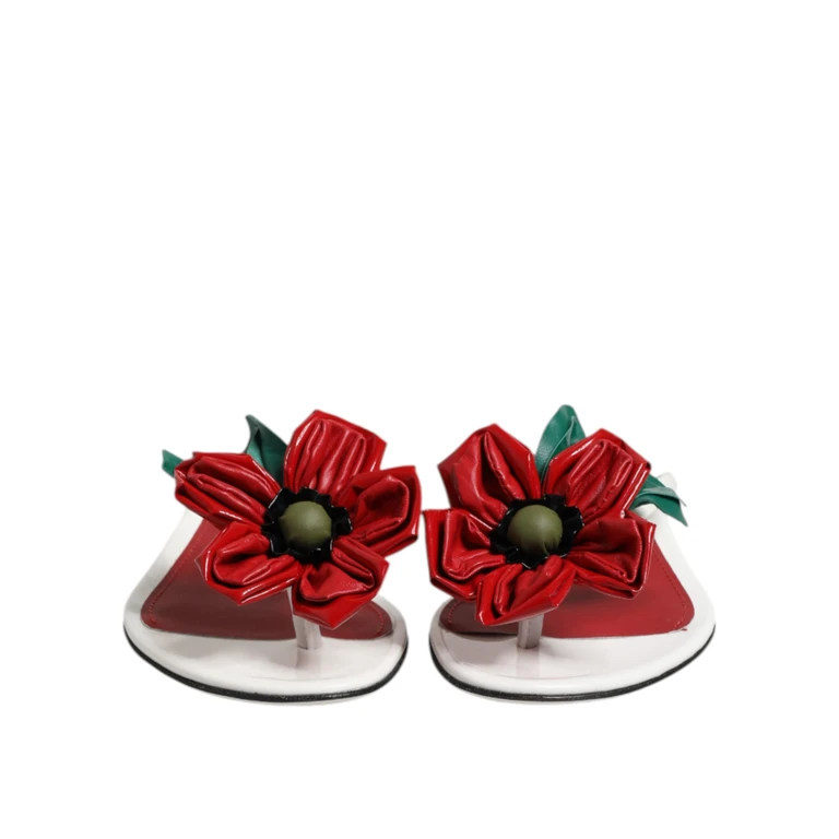 Dolce & Gabbana Red White Keira Flower Leather Sandals Shoes And Calf - Women