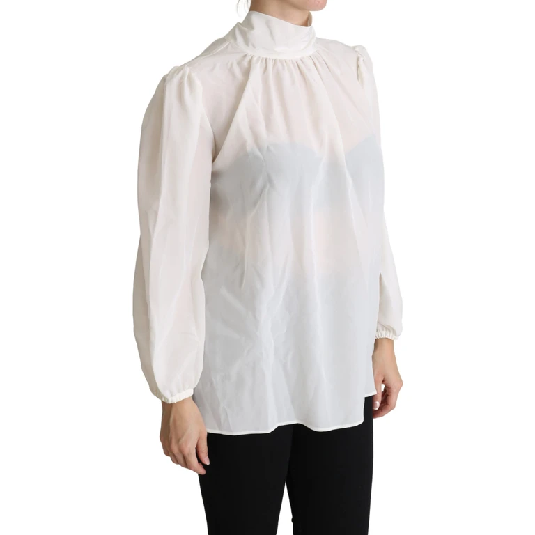 White Silk Pussy Bow Long Sleeved Top Blouse - Women