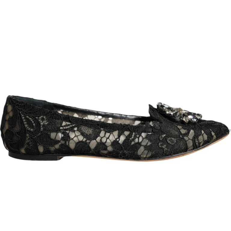 Dolce & Gabbana Black Lace Crystal Ballet Flats Loafer Shoes Viscose Cotton Nylon - Women
