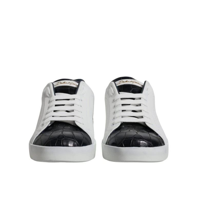 White Black Leather Portofino Sneakers Shoes And Calfskin Crocodile - Men