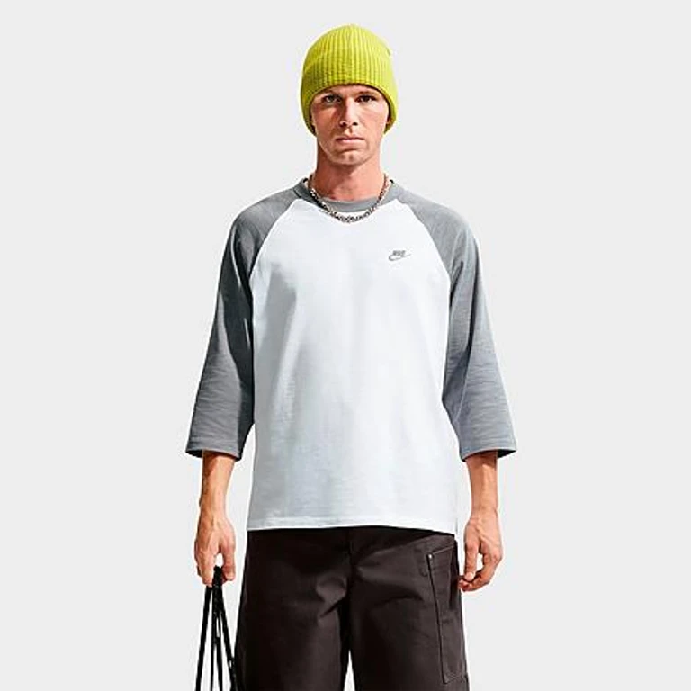 Nike Men's Sportswear Club Three Quarter-Sleeve Raglan Top in Smoke Grey/White Size: XS